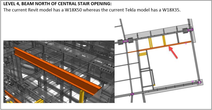BIM coordination view comparing Revit and Tekla beam sizing