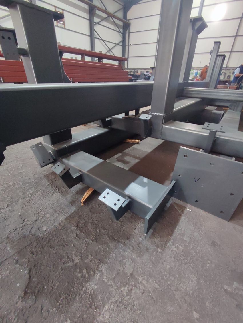 Close-up of bolted steel beam-to-column connections